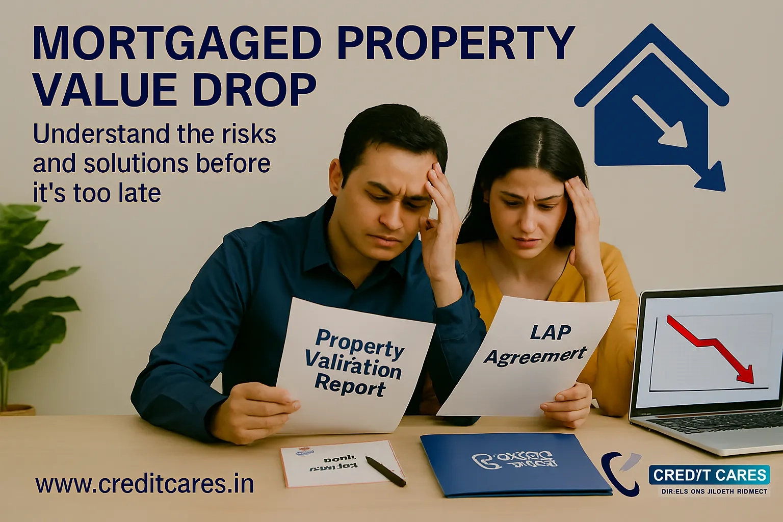 Mortgaged Property Value Drop visual – showing a stressed Indian couple reviewing LAP documents next to a graph of declining property value