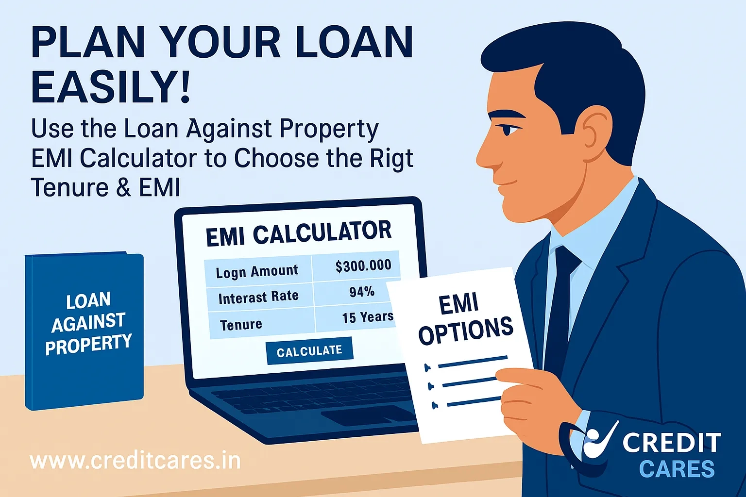 ndian man using Loan Against Property EMI Calculator on laptop | Loan Against Property EMI Calculator