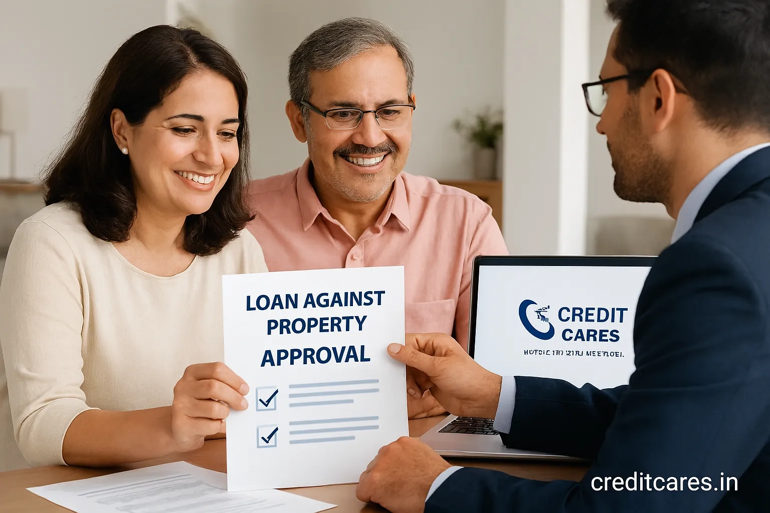 Indian couple learning about Loan Against Property advantages