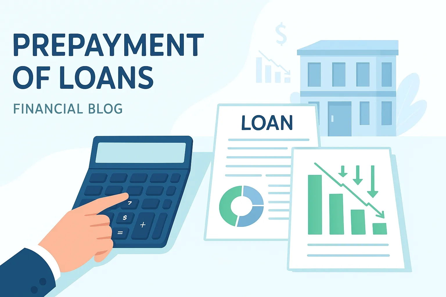 Create a 16:9 high-resolution image for a financial blog about prepayment of loans. The scene should depict a professional, modern financial setting with elements like a calculator, loan documents, charts, and a house or business in the background. Include a subtle visual representation of money being saved or reduced interest, such as a declining bar graph or arrows pointing down. Use a clean, minimalistic style with soft corporate colors (blue, green, white). The image should convey financial planning, responsibility, and empowerment for borrowers considering prepayment.